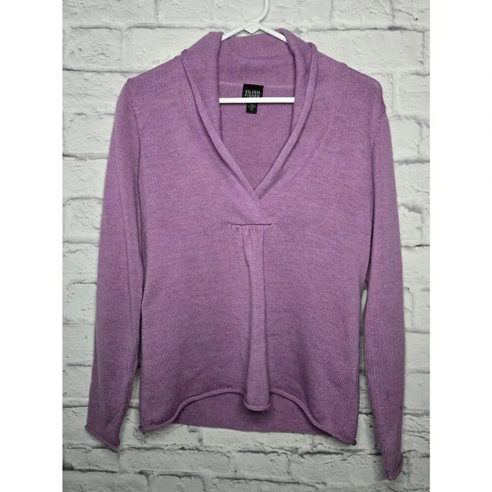 Eileen Fisher 100% Italian merino wool vneck purple pullover sweater PS.